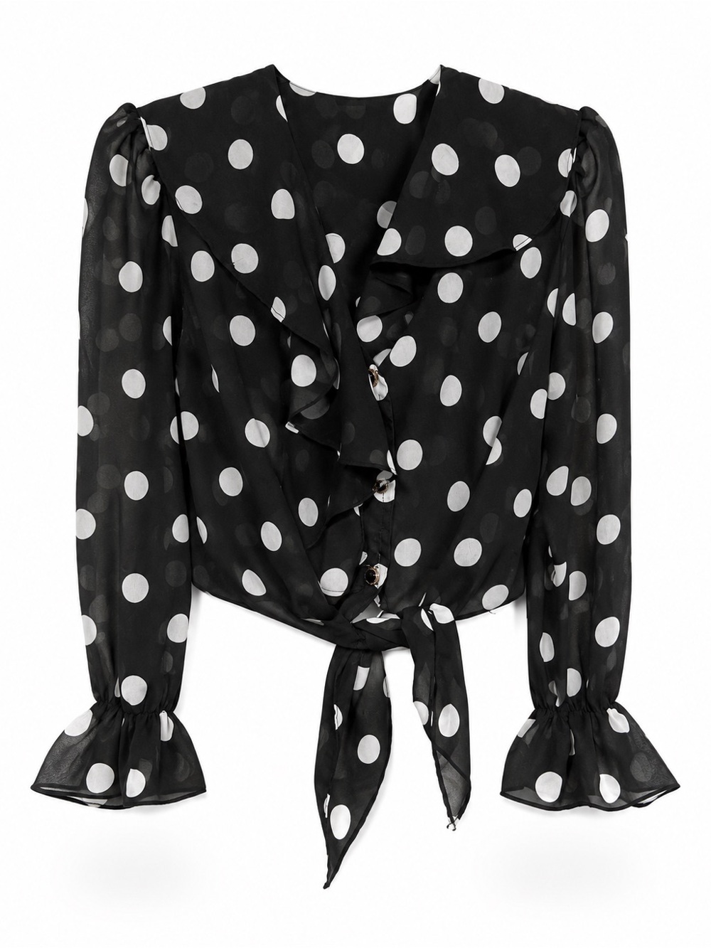 VINTAGE Black & White Polka Dot Tie-Front Blouse